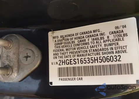 2005 Honda Civic Lx from USA, damaged, VIN 2HGES16535H506032